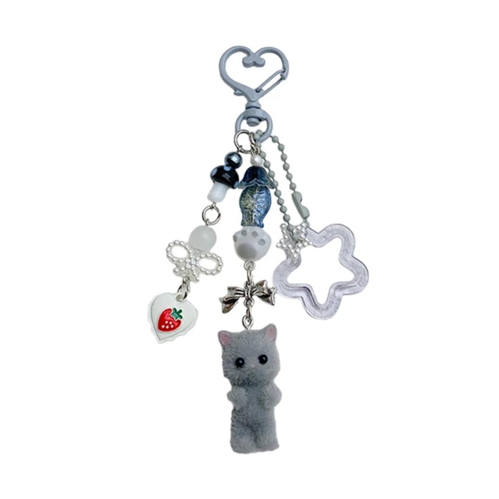 Cute Flocked Kitten Keychain with Five-Pointed Star Cat Paw Love Mobile Phone Chain Lanyard Pendant for Earphones & Cameras