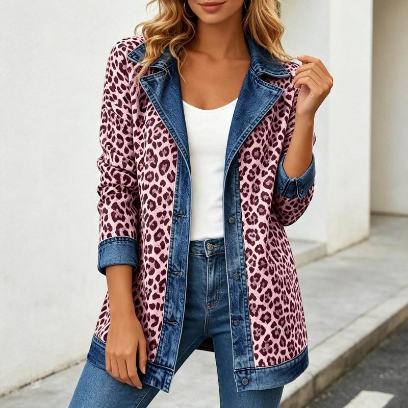 Damen Leopardenmuster Denimjacke Langarm Lockerer Schnitt Lässig Offene Vorderseite Hemdkragen Streetwear Mantel