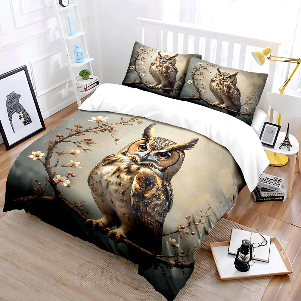 Owl Perched On Flowering Branch Bedding Set For Kids Luxury Gift 3Pcs Digital Print Comforter Set Soft Comfortable Breathable EU Twin 135X200cmset