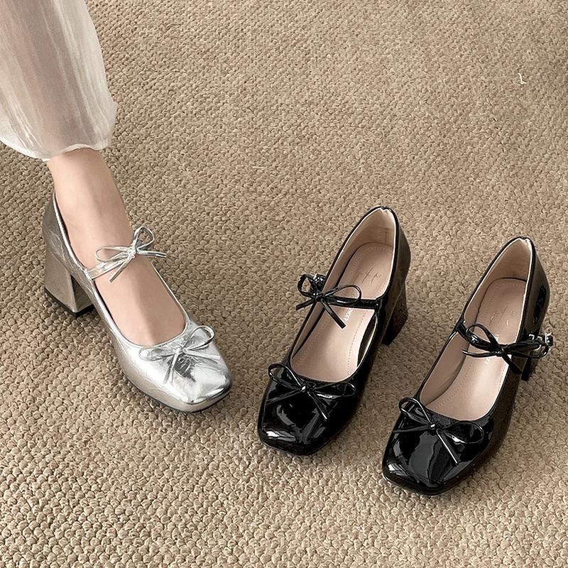 Fashion Temperament Retro Square Head Bow Thick Heel Light Mouth Single Shoes Women's New Spring and Summer Mary Jane High Heel Small Leather Shoes