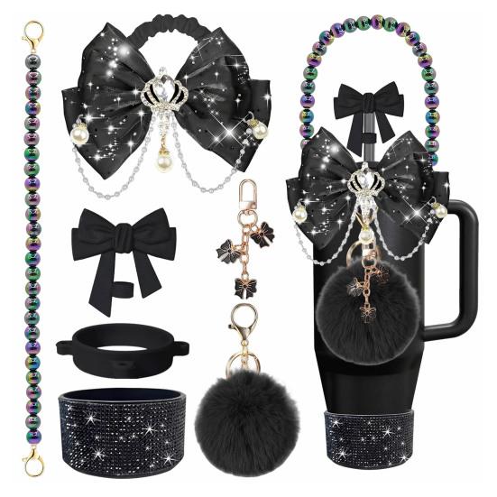 1 Set Tassenmanschette Funkelnde Strasssteine Imitierte Perlen Schleifen-Dekor Tassenzubehör mit Silikon-Bodenprotektor