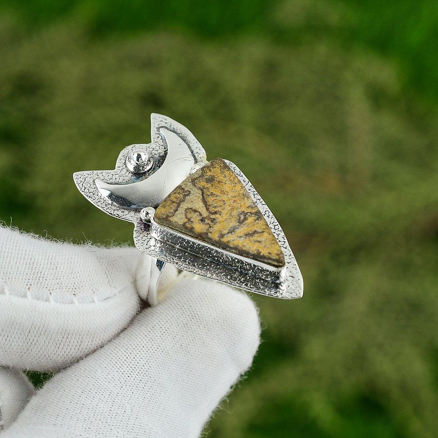 Natural Psilomelaine Dendritic Crescent Moon Brown Adjustable Ring 925 Silver Adjustable