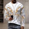 Men s Plus Size Round Neck Long Sleeve Black Golden Printed Straight Hem Pullover T Shirt