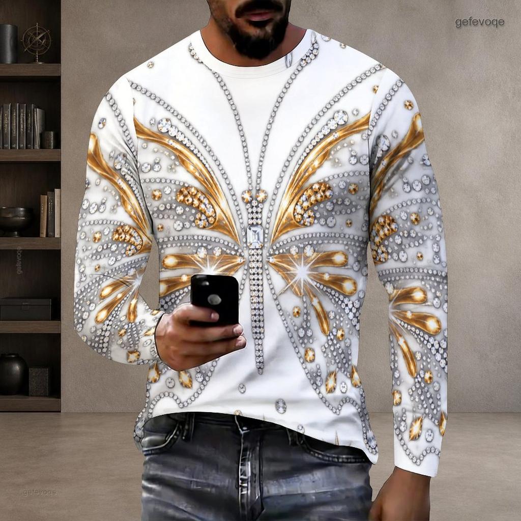 Men s Plus Size Round Neck Long Sleeve Black Golden Printed Straight Hem Pullover T Shirt