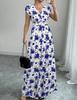Short-sleeved dress, new printed V-neck long dress, European and American summer waist women's clothing