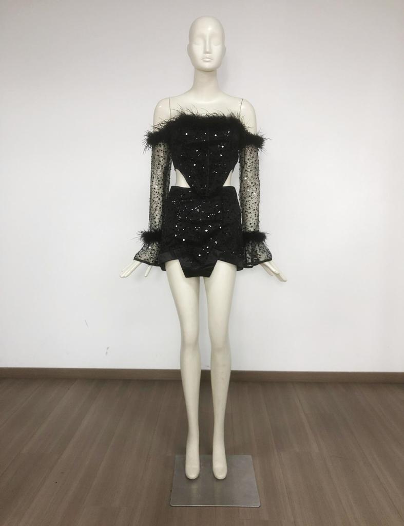 Plush Sequin Off-Shoulder Sexy Set: Long-Sleeve Top & Hip-Hugging Mini Skirt