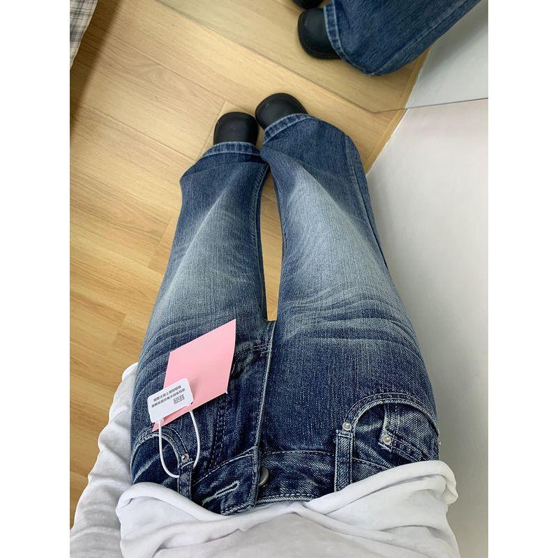 

American-Style Non-Tight Flared Jeans for Women, Summer New Style, Plus-Size High-Waisted Loose Slimming Straight Wide-Leg Pants Vintage Blue L(Suggestion 50-60kg)