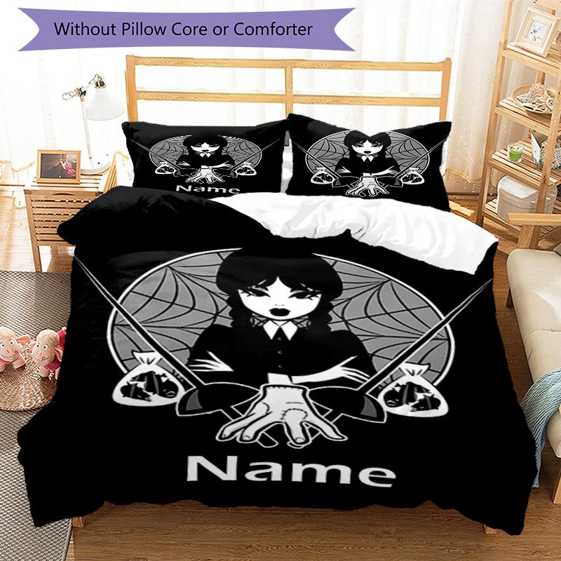 3pcs Custom Name Wednesday Bedding Set Duvet Cover Closure Includes 1 Duvet Cover & 2 Pillowcases, Soft and Comfortable for All Seasons.
