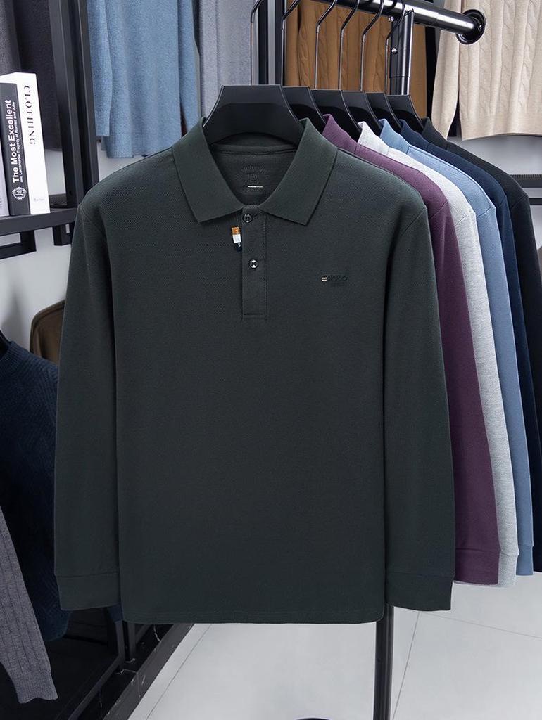 Men's Autumn Turn-Down Collar Long Sleeve Polo Shirt - Solid Color Embroidered & Loose Fit