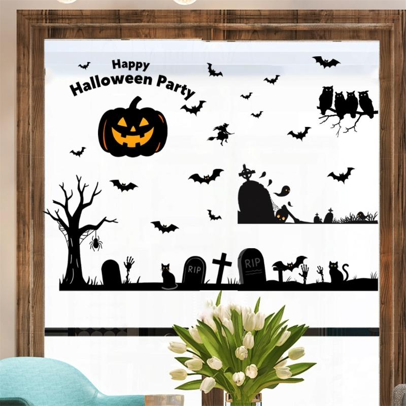 Autocollant de Fenêtre Réutilisable pour Halloween Design Chauve-souris et Citrouille Autocollant Statique Décorations Pour Usage Intérieur et Extérieur