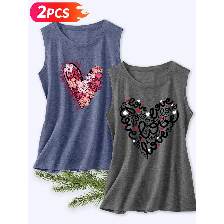 Follow a Specific Direction Two-piece Women's Tank Top with Heart and Floral Print Elegant Summer Party Outfits Sleeveless Vest Essential Fashion