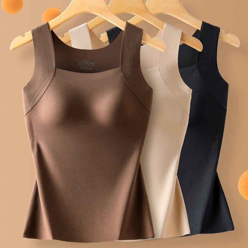 Women's Seamless Thermal Underwear Top with Fixed One-Piece Chest Pads Warm Vest for Autumn Winter Solid Slim Sleeveless Tops