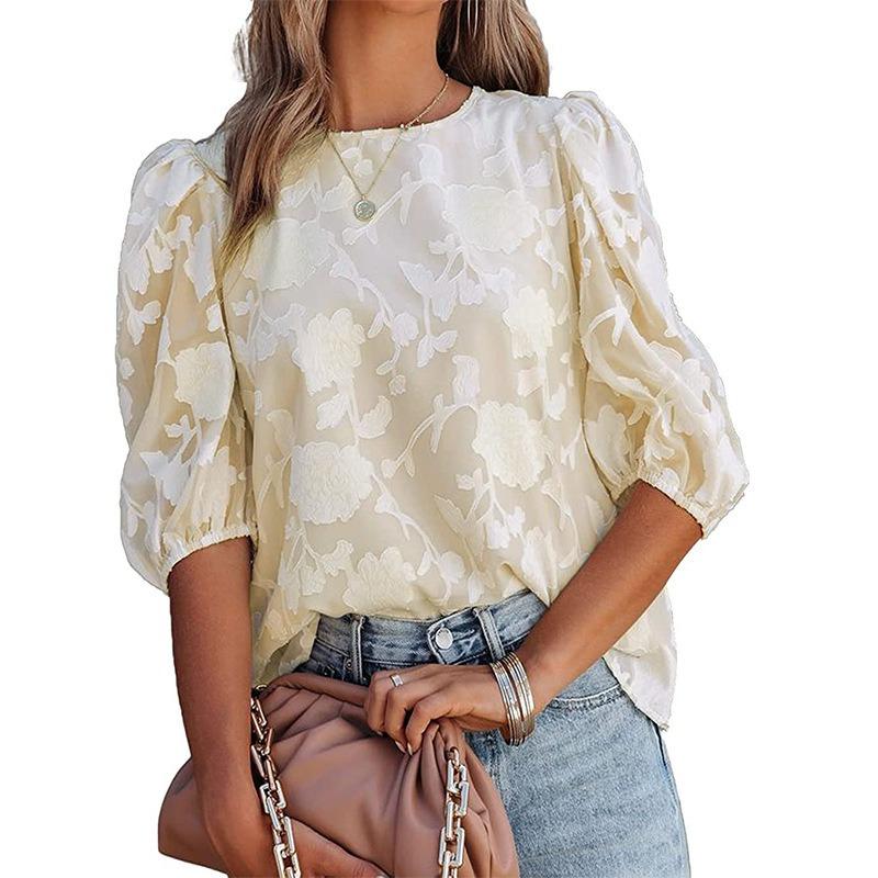 Frühling und Sommer Neues Damen Chiffon Hemd Florale Puffärmel Modisches Rundhals Lockeres Oberteil