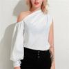 Women Fashion One-sleeve Loose and Thin Casual Slim Shirt Chic Solid Color Long-sleeved Asymmetrical Shirt