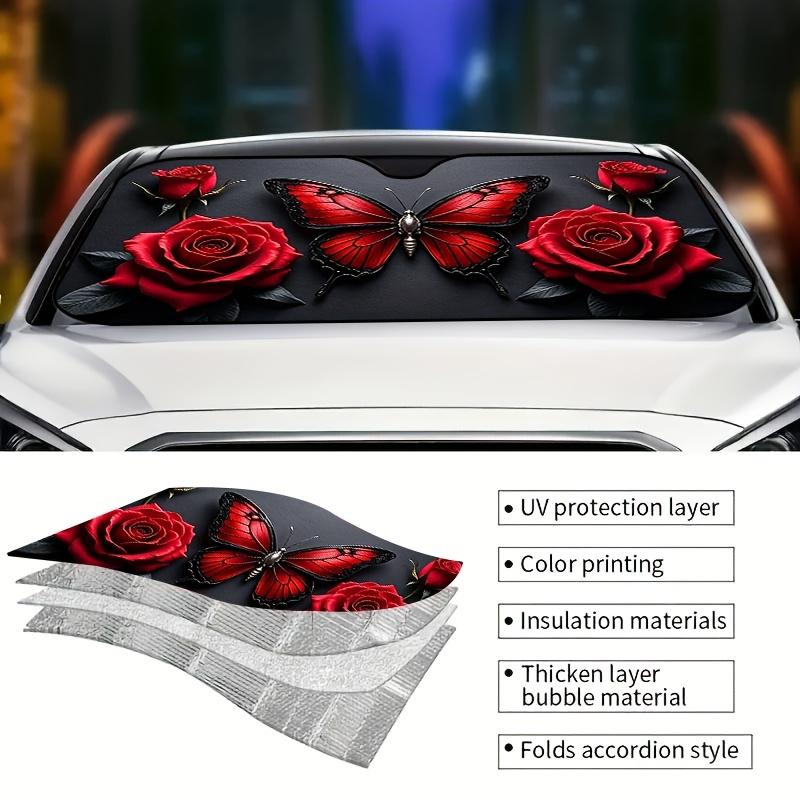 1Pcs Rose Butterfly Pattern Windshield Sunshade UV Rays Heat Blocker Keeps Vehicle Cool Unique Design Fit Sedans SUVs Trucks RVs