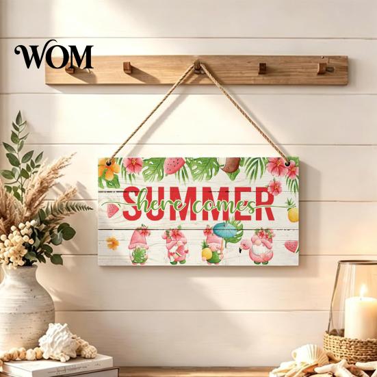 Summer Hanging Sign Wooden Sign, Beach Theme Welcome Front Door Decor with Ornament Rope, Colorful Hanger for Seasonal Farmhouse House Seaside