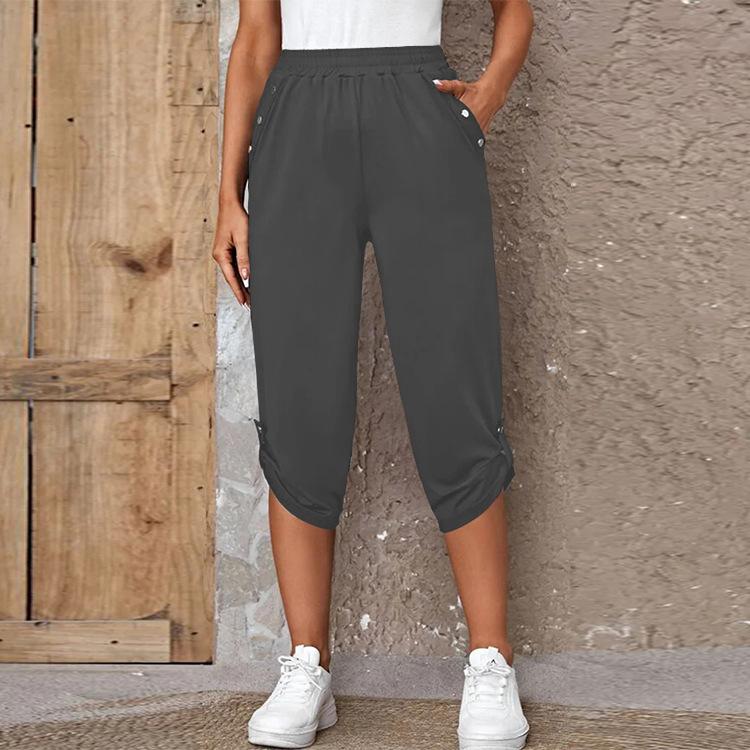Women's Elastic Waist Capri Pants Casual Cropped Trousers with Button Detail