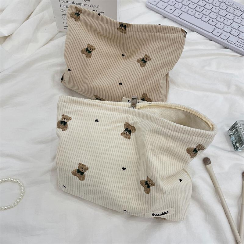 Portable Cartoon Bear Makeup Bag Corduroy Large Capacity Cosmetic Bag Pen Bags For Women Lady Girl