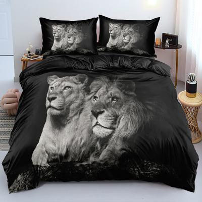 Lion Tiger King Queen Duvet Cover Lovely Wild Animals Bedding Set For Kids Teens Adults Wildlife Grey Black 2/3pcs Quilt Cover