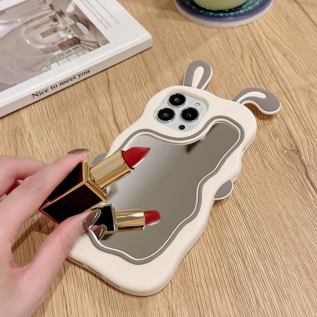 Cute Pink Rabbit Ear Makeup Mirror Suitable for iPhone 15 16 Promax for Apple 13/12/11 Phone Case XR Silicone