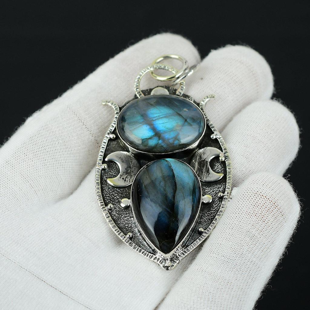 Wisiorek z niebieskiego labradorytu, wisiorek leczniczy, wisiorek ze srebra próby 925, podwójny wisiorek z kamieniem szlachetnym, naturalny wisiorek jubilerski na prezent