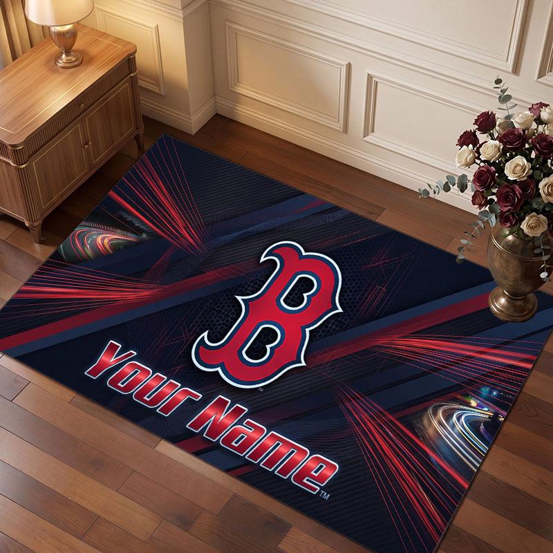 Boston Red Sox Personalized Crystal Velvet Carpet, Customized Name Text Soft Anti‑Slip Rug for Living Room Bedroom