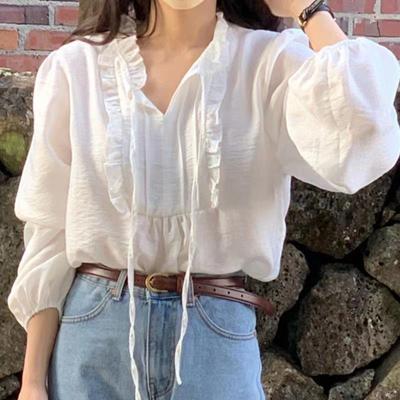 Camicia a maniche lunghe con volant e scollo a V, con spalline larghe, da donna, primaverili ed estive