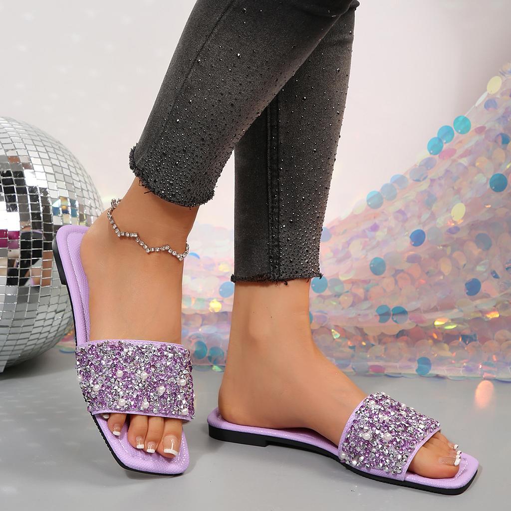 [Foreign Trade] Large size flat-bottomed cool slippers, low rhinestone versatile one-word drag, casual open-toed women's slippers