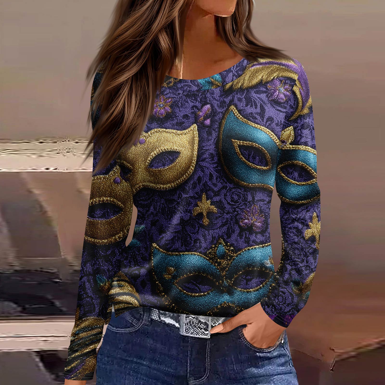 

Женская модная повседневная футболка с длинным рукавом, разрезом по подолу и принтом в карнавальном стиле XXXL