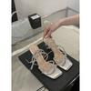 2025 summer fairy wind square head silver rhinestone thin strap stiletto sandals fashion French word strap high heel women