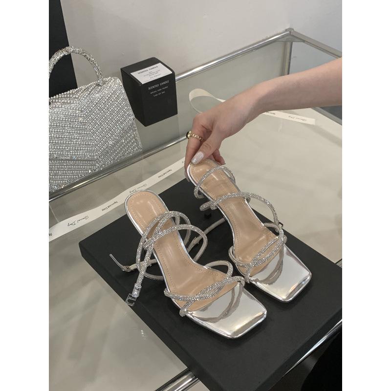 2025 summer fairy wind square head silver rhinestone thin strap stiletto sandals fashion French word strap high heel women
