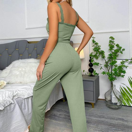 2 Pcs/Set Pants Top Suit Low-cut V Neck Sleeveless Solid Color Shirring Drawstring High Elastic Waist Lace Women Summer Pajamas Set Homewear