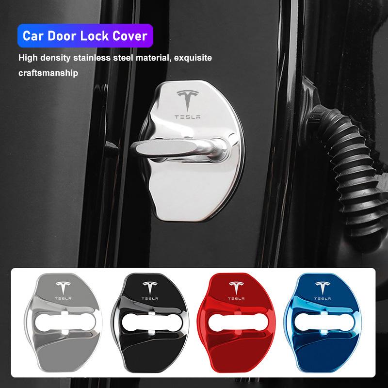 ALX1 4Pcs Stainless Steel Car Door Lock Buckle Cover Accessories For Tesla Model-3 Model-S Model-X Model-Y Cybertruck Roadster SpaceX