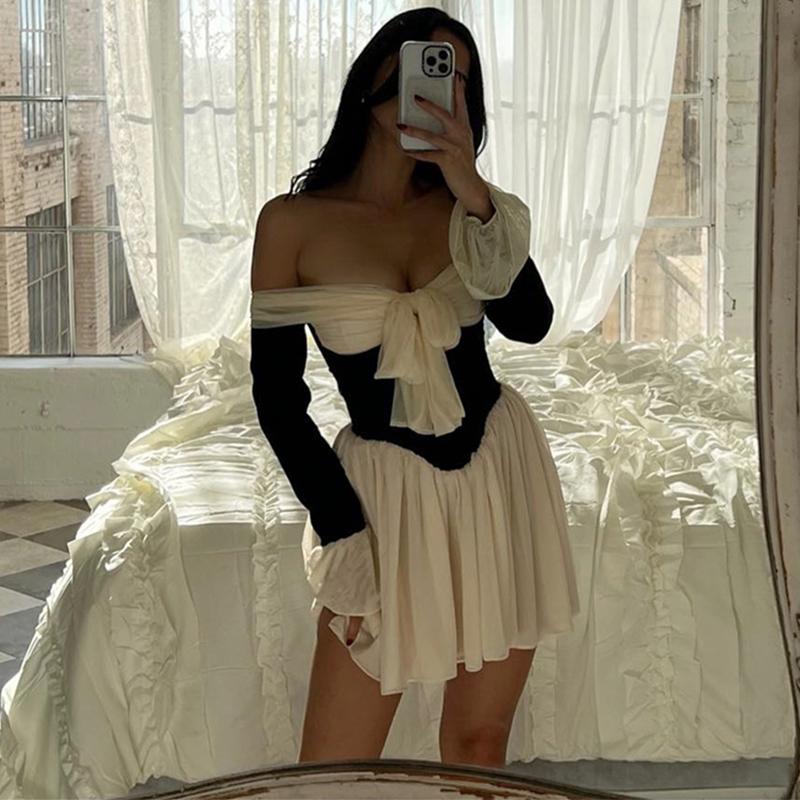 French Vintage Off Shoulder Dress Women Summer Fashion Slim Long Sleeve Slim High Waist Mini Dresses Girls Party Trendy Vacation Elegant Evening Dress