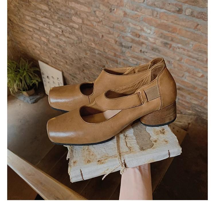 Spot second hair! Grape mother same shoes high-end texture horse leather square head thick heel soft surface high heel ballet single shoes women