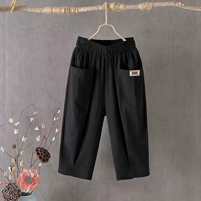Cotton Hemp Cropped Pants Women's Summer Loose Plus Size Linen Elastic Waist Haren Pants