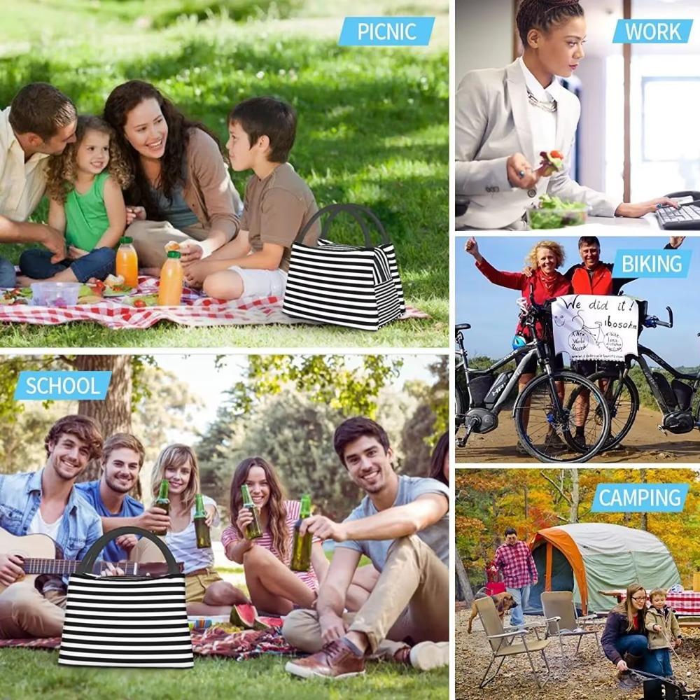 Černobílé zebří pruhy Termotaška na oběd Přenosná Vodotěsná Moderní Potisk Osobnosti Tote Tašky Izolovaná Taška na Bento Opakovaně použitelná