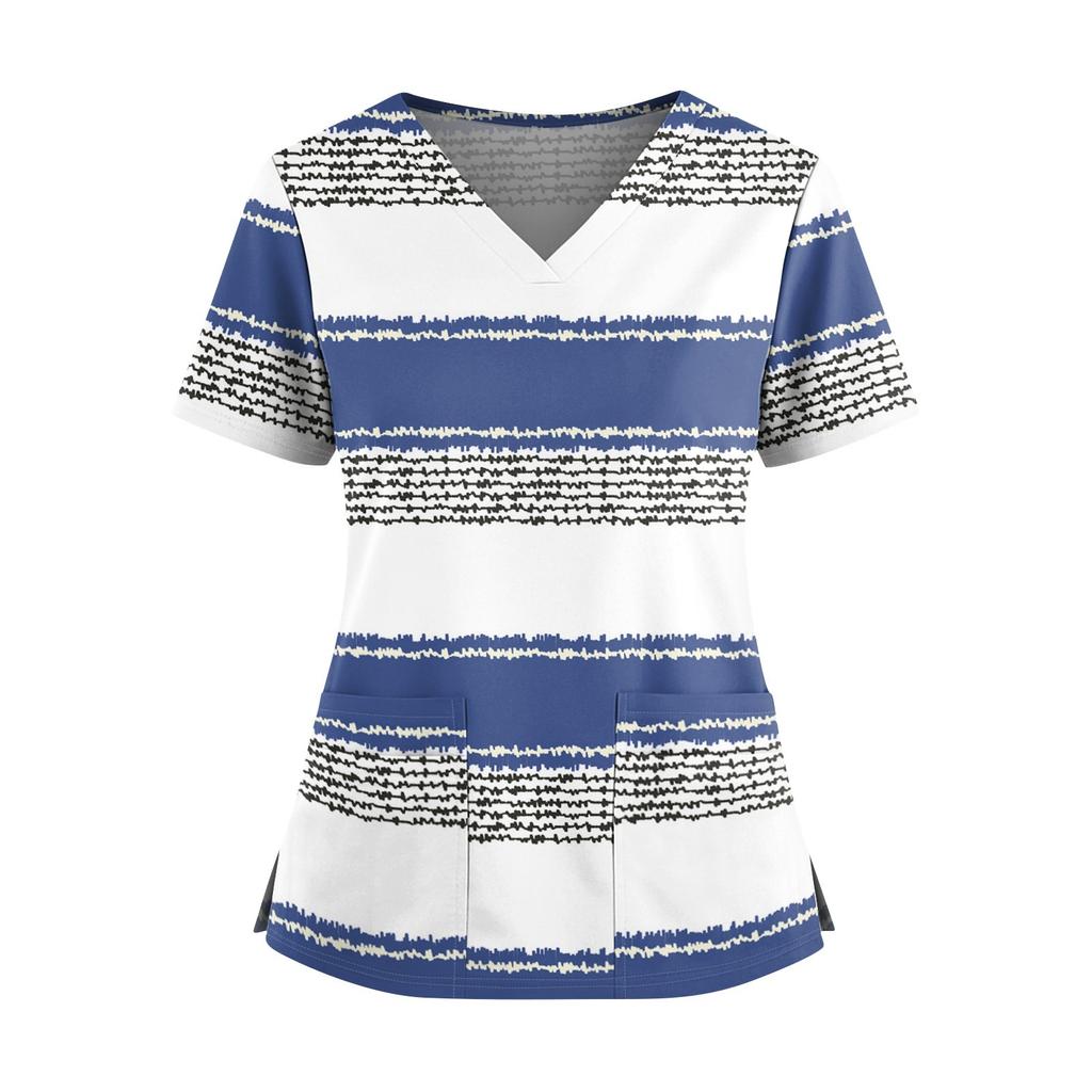 Women's Fashionable Printed V Neck Double Pocket Short Sleeved Shirt With Slit Hem Uniform And Worker Top