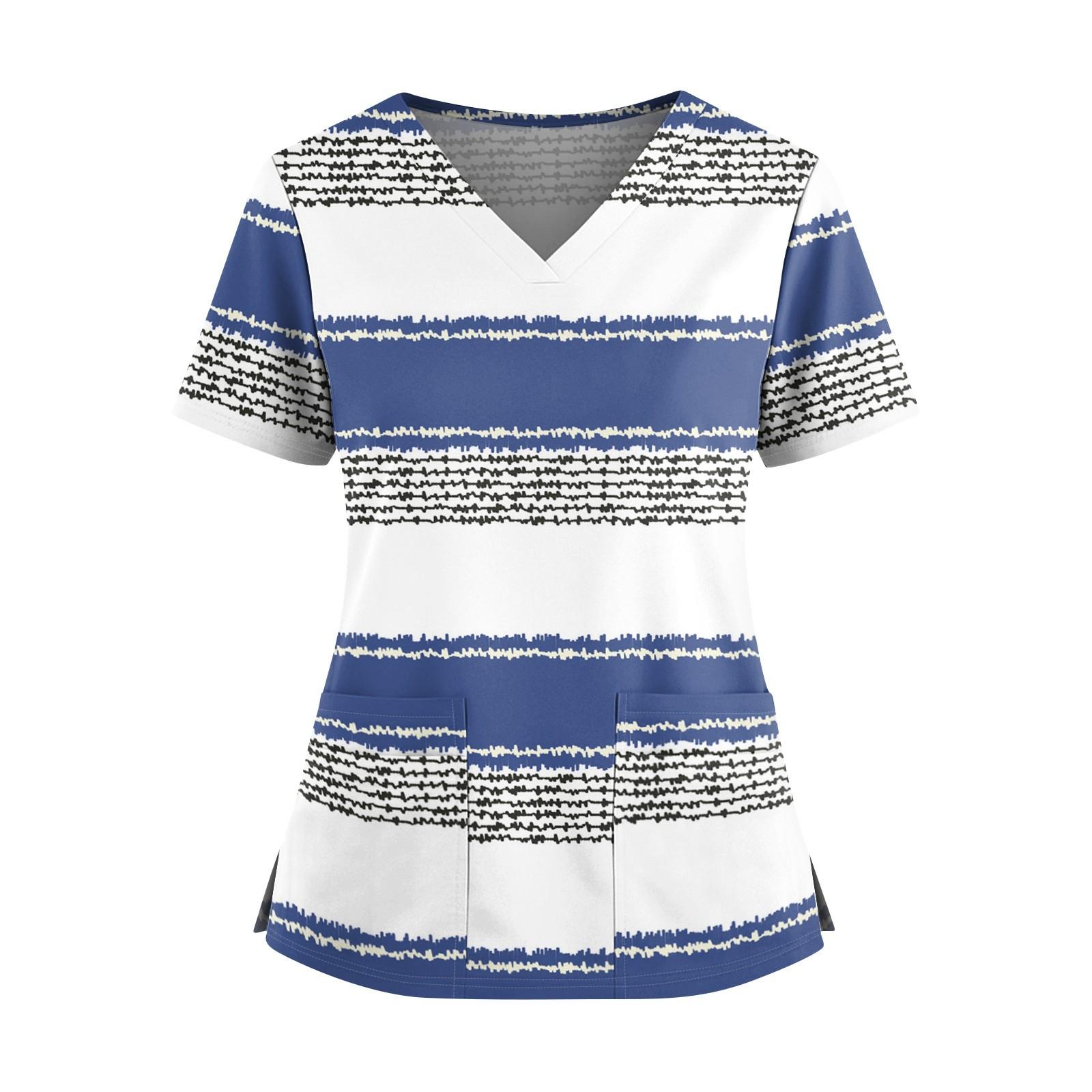 

Женская модная рубашка с принтом, V-образным вырезом, двойным карманом, короткими рукавами и разрезами по подолу, униформа и рабочая блузка L синий