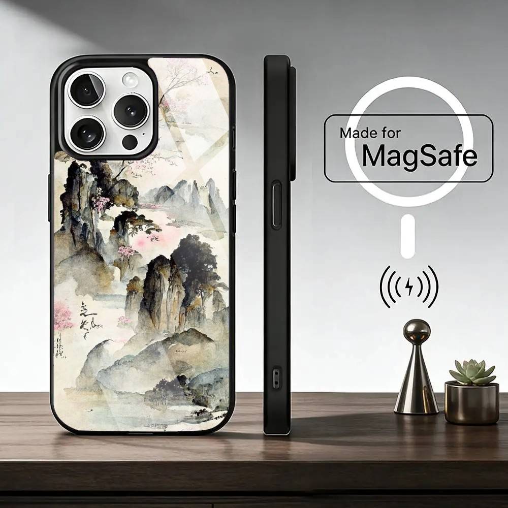 Chinese l-landscape Phone Case For iPhone17,16,15,14,13,12,11 Plus,Pro Magnetic For Magsafe Wireless Charging