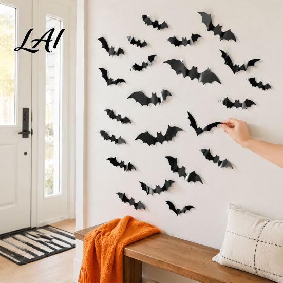 Halloween Bat Wall Stickers 3D Bats Decor Black Stickers Waterproof Shaped Art Scary Plastic DIY Room Decal for Indoor Party Supplies Outdoor Decor