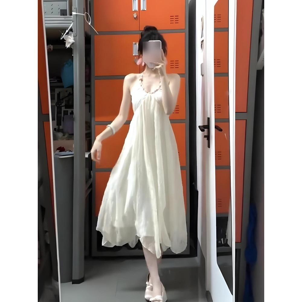 On the Run Princess Dress Luoyue Flower God Solid Color Big Halter Neck Suspender Dress Women's Casual Strap Long Dress
