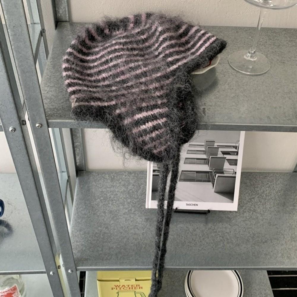 Colorful Earflap Knitted Hat Striped Baggy Beanie Hat Fashion Striped Balaclava for Outdoor Ski