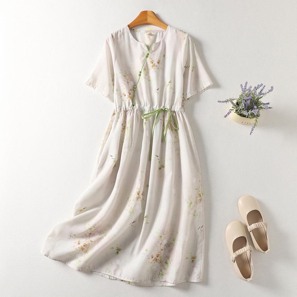Cotton and Linen Printing Design Sense Chinese Dress Women's Summer Temperament Drawstring Waist V-neck Short-sleeved Big Swing Skirt