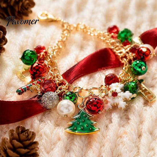 Holiday Jewelry Gifts Christmas Charm Bracelet for Women, Santa Claus Snowman Bell Glove Festive Snowflake Bangle Tree Pendant Bracelet, Adjustable