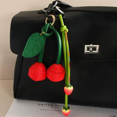 PU Cherry Woven Ball New Creative Fashion Accessories Cute Strawberry Leather Rope Accessories Gift Bag Charm