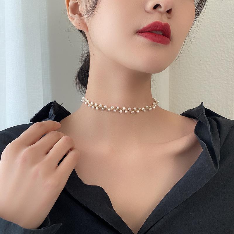 Diamant Schleife Perlenkette High Sense Choker Halskette Licht Luxus Nische Kleid Schlüsselbeinkette