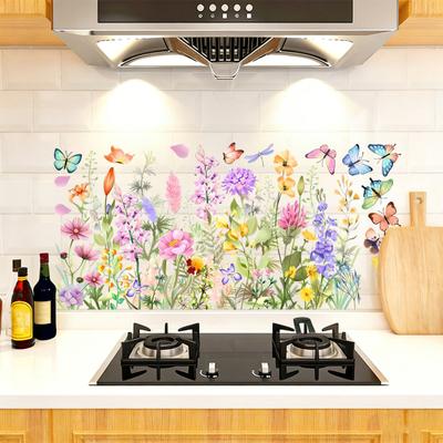 Colorful Flower Wall Decals Wildflower Butterflies Green Grass Wall Stickers Removable Peel And Stick Floral Wall Murals Decor for Bedroom Nursery