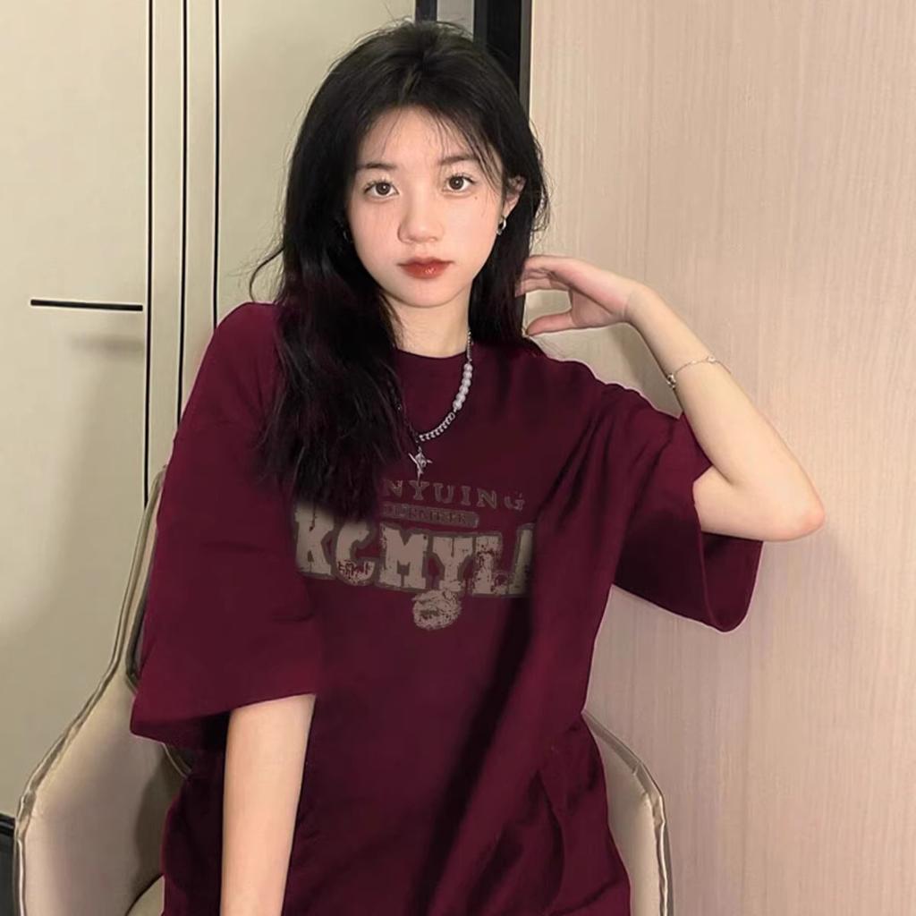 American Pure Cotton Burgundy Short-sleeved T-shirt Women's Summer Loose Large Size Fat Mm Hong Kong Flavor Chic Half-sleeved T-shirt Top