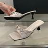 Fashion Bling Rhinestone Butterfly-knot Slippers Women Summer Sexy Open Toe Kitten Heel Design Slide Sandals Elegant Wedding Bridal Shoe
